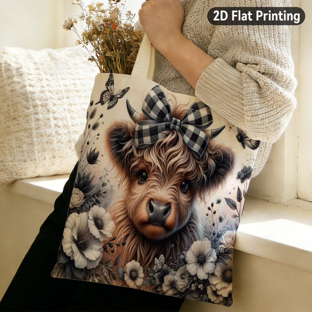 TEMU 2d Flat 1pc Cute Highland Cow Reusable Tote Bag, Highland Cow, Duplex Prints Fluffy Cow With Bow And Butterflies, Grocery Shopping, Weekend