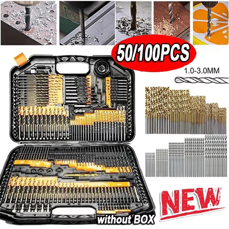 

50/100pcs Hss Twist Drill Bits, Steel Titanium Plated, Hand Held Electric Drill Accessories, Straight Shank, 1-3mm Diameter, For Diy Projects