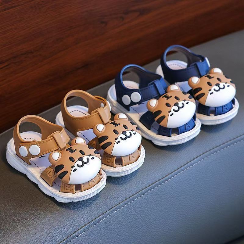 Infant Cartoon Tiger Sandals for Boys and Girls - Summer 2024 Soft Sole Anti-Slip Toddler Walking Shoes with Buckle Closure, Low Top, PVC Upper, Sole and Insole - Baby Protective Toe Cap Sandals
