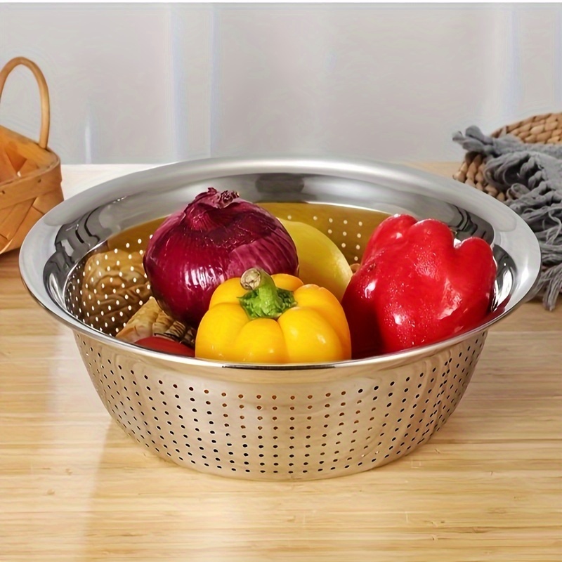 TEMU 1pc Thick Multifunctional 304 Stainless Steel Vegetable Washing Drain Basin, Fruit Filter Basin, Home Kitchen Drain Basin, Commercial Large