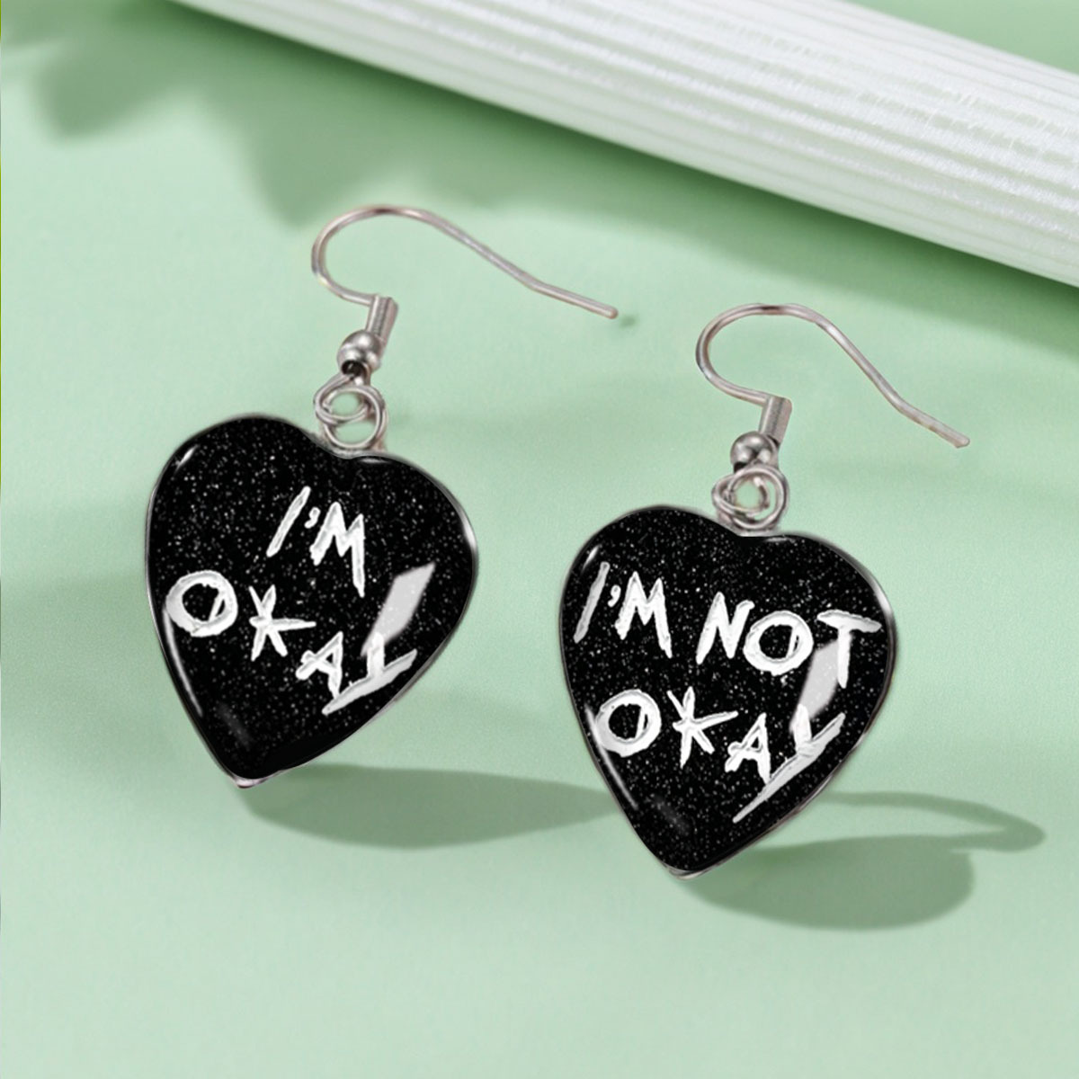 TEMU 1 Pair Of Minimalist Black And White Emotional Slogan Pattern Heart-shaped Earrings, Dark Style Unique Ear Accessories For Men And Women