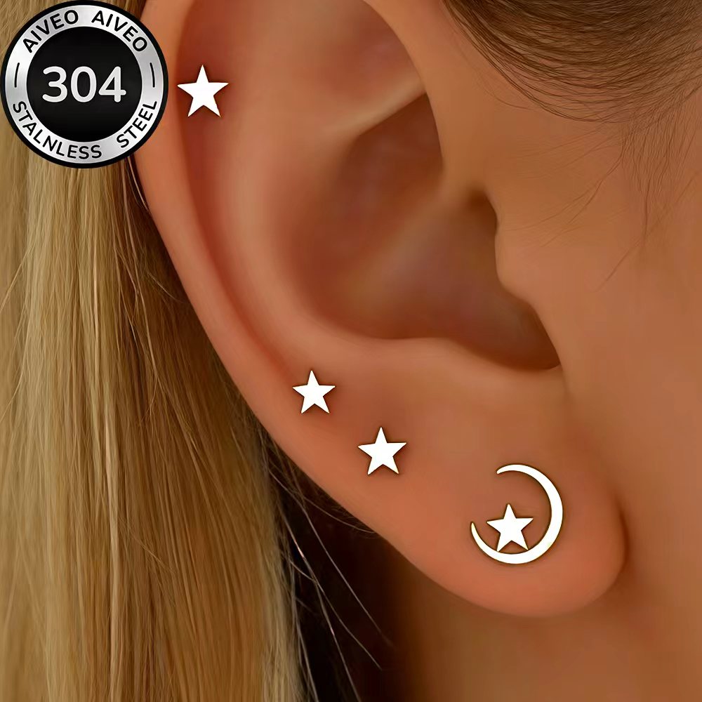 TEMU Juego de 4 de aretes, aretes de perno apilables dorados de acero inoxidable hipoalergénico de calidad, KC, resistentes a la decoloración, y