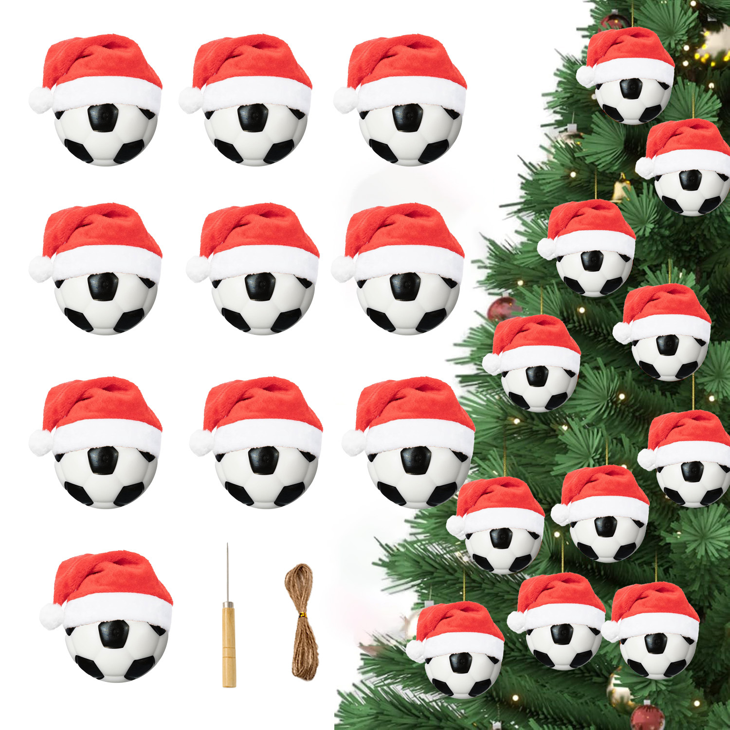 TEMU Soccer Event 2026 - 20pcs Christmas Ornament Balls And Hats Ornaments For Tree Decoration Include 10 Mini Soccers And 10 Santa Hats Christmas