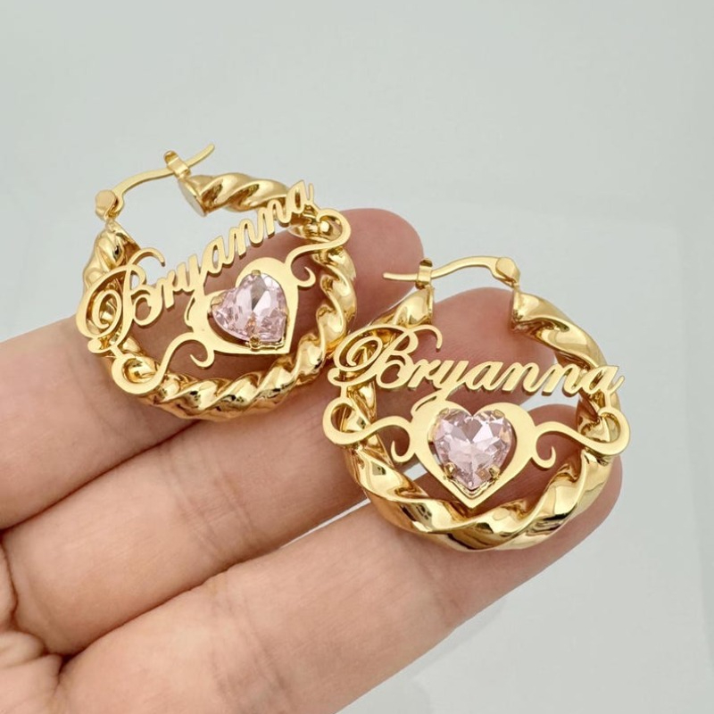 TEMU Custom Birthstone Name Earrings Stainless Steel Twist Hoop Earrings Custom Name Earrings, Personalized Lettering Nameplate Earrings, Nameplate