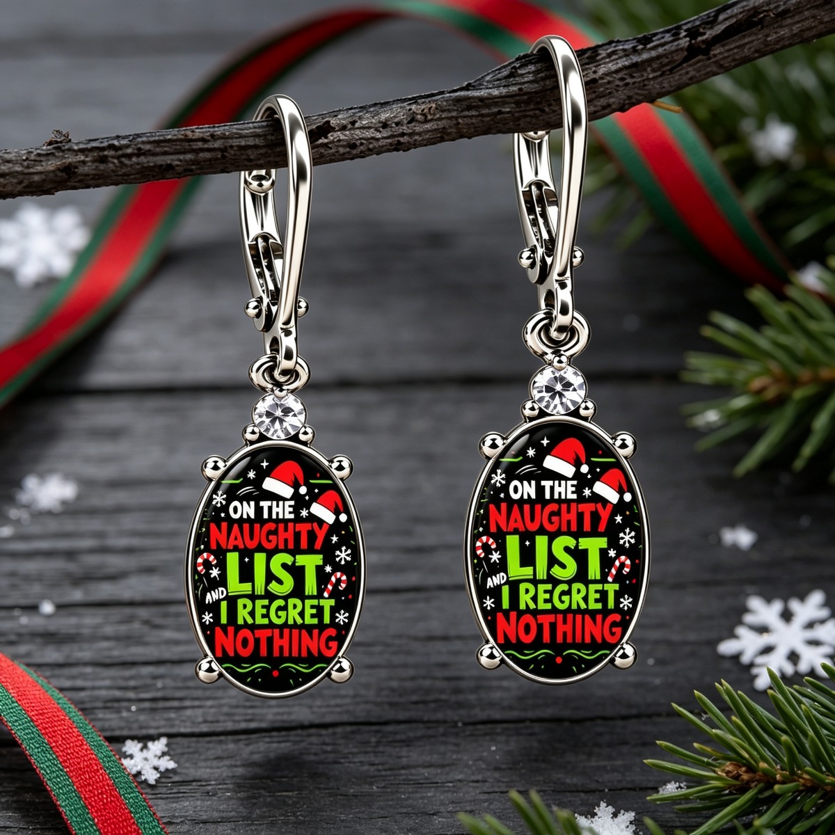 TEMU 1 Paire de Boucles d'Oreilles Ovales pour Femme, Bonbons de Canne, de Neige, Texte de Fêtes Imprimé, Bonnets de Noël Noirs et Verts, Convient