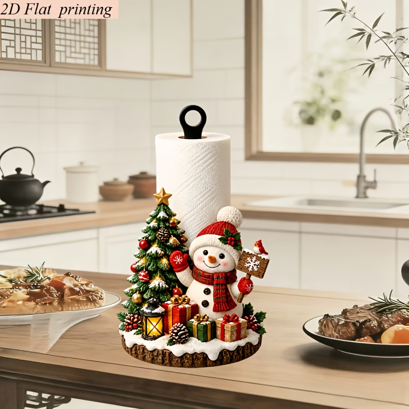 TEMU 2d Flat Printed Kitchen Tissue Box, 1pc, Christmas Style Cozy Snowman And Christmas Tree Shape, Creative Desktop Roll Paper Holder, Acrylic