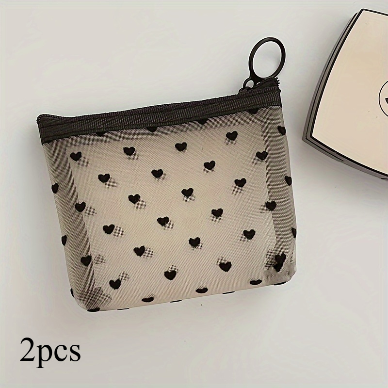 TEMU 2pcs Chic Black Heart Mesh Cosmetic Bag - Compact, Foldable Makeup Pouch For Women | Portable Lipstick & Accessory Organizer, Makeup Bag