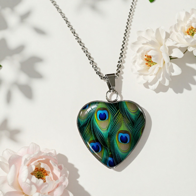 TEMU 1pc Vibrant Heart Glass Pendant Necklace - Exotic Bohemian Jewelry For Elegant
