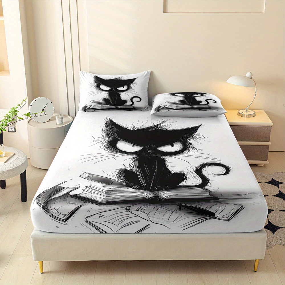 TEMU Set di 3 lenzuola con angoli con stampa gatto cartoon, coprimaterasso Queen, protezione per matrimoniale, biancheria da letto stile King Queen,