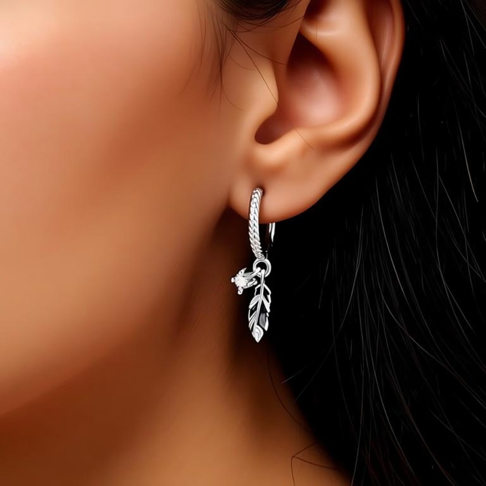 Copper Feather Design Earrings with Woven Hoops