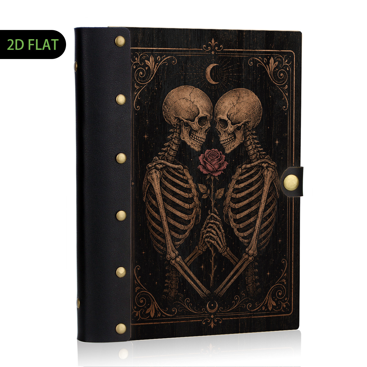 TEMU Carnet 1 pièce Couple de Squelettes et Roses, Coque Rigide Plate 2D avec Rivet, Classeur à Feuilles Mobiles, Couverture Vintage en Bois et Cuir,