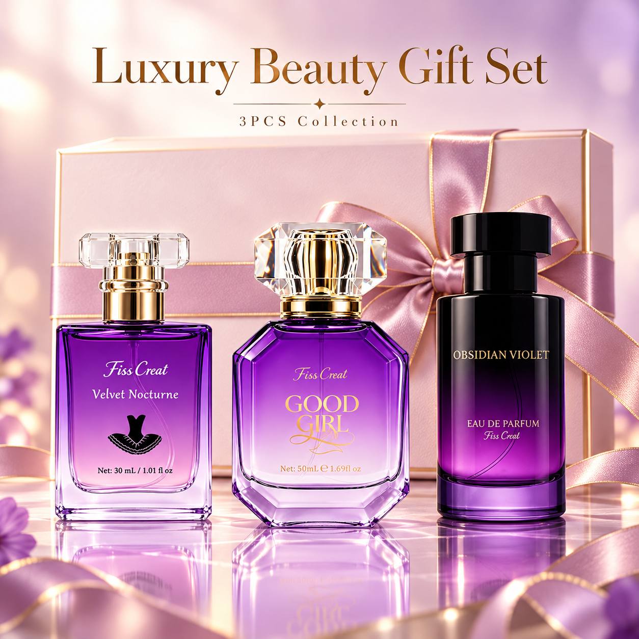 TEMU 3pcs Women's Luxury Perfume Gift Set - Purple Velvet & Obsidian Eau De Parfum With -cut, Long Lasting Scent Suitable For Daily Wear, Romantic