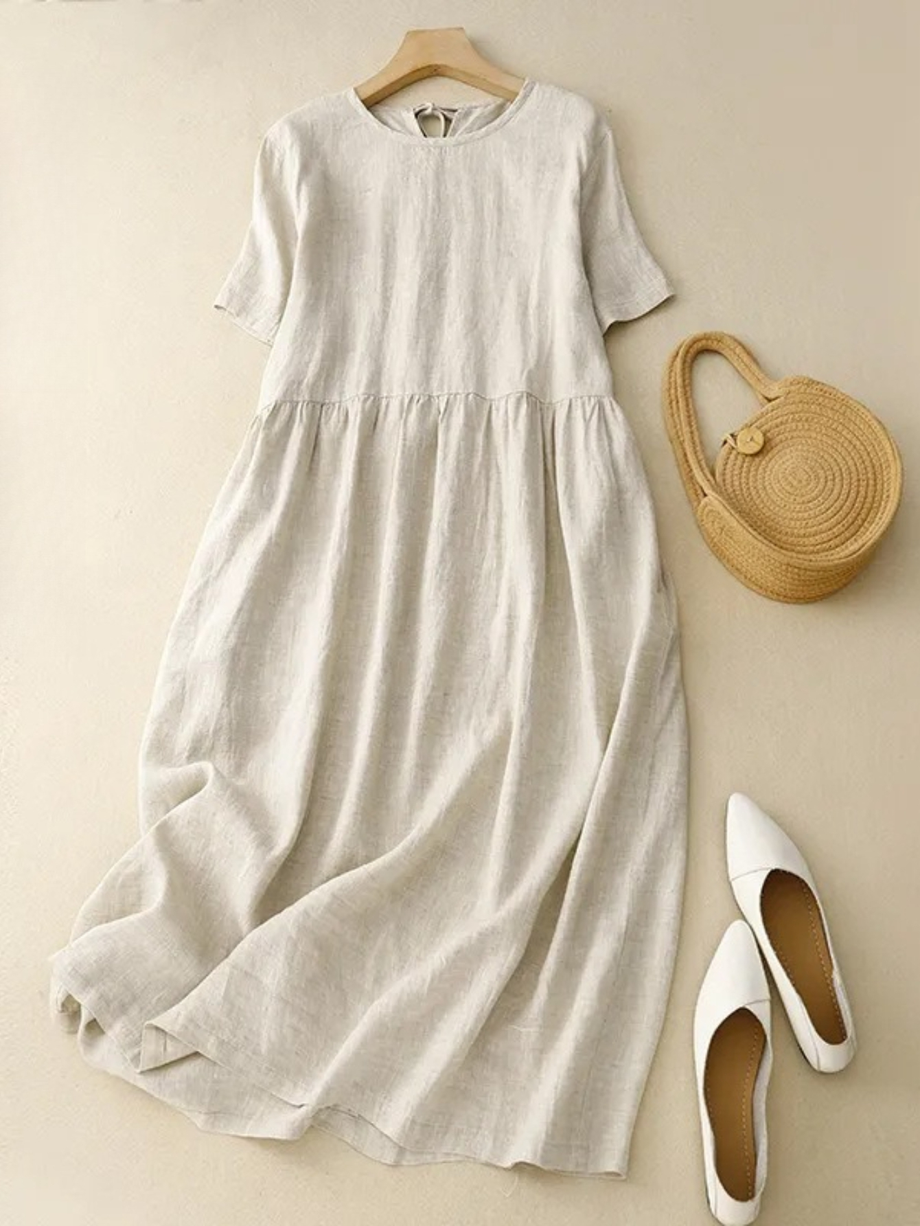knee length dresses for ladies Pink Linen Dress with Belt