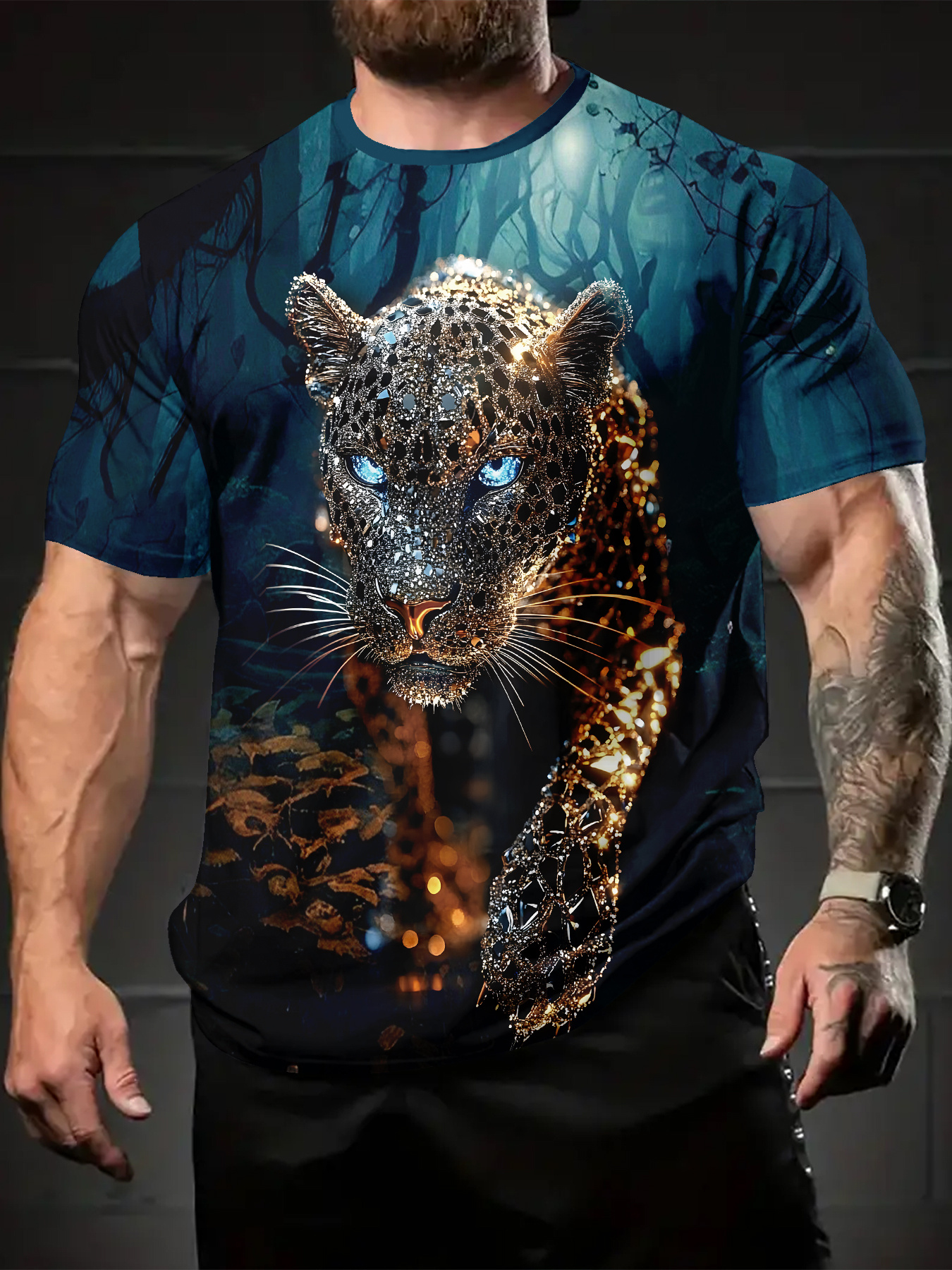 mens 3  shiny leopard print t shirt 100 polyester casual round neck short sleeve       summer daily wear halloween gift leopard print t shirt     pattern shirt durable fabric Product details 0
