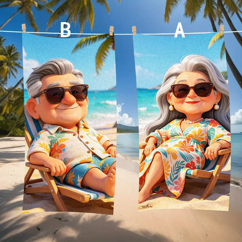 TEMU 1pc/2pcs Grandpa & Grandma Couple Beach Towel Set - -dry Microfiber Suitable For Pool,, Camping, Lightweight Absorbent Towels With