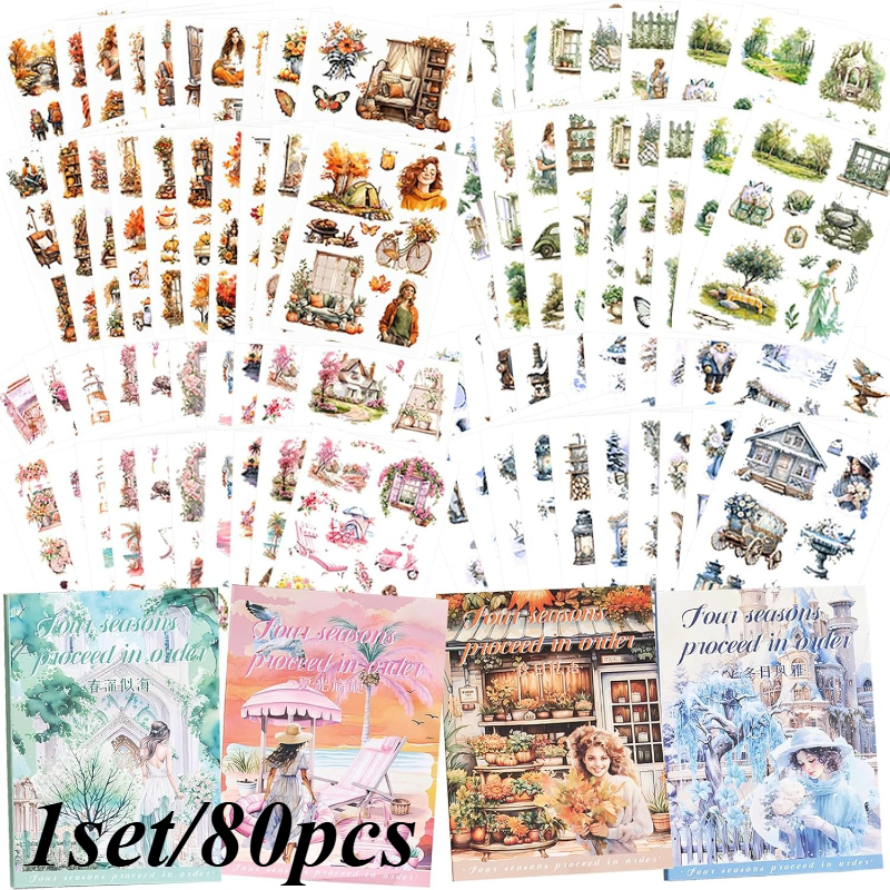Image of Set Of 4 Seasonal Sticker Packs - Retro Decorative Stickers For Journals, Water Bottles, Laptops, And Skateboards - Scrapbooking Materials, Perfect For Holiday Gifts
