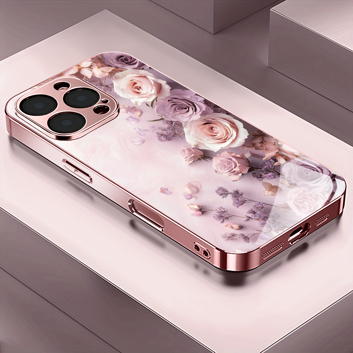 TEMU Phone Case: Floral Pattern Rose Golden/electroplated Pink Phone Case, Suitable For Iphone 17/17 Pro/17 Air/17 Pro Max/16/16 Pro/16 Plus/16 Pro