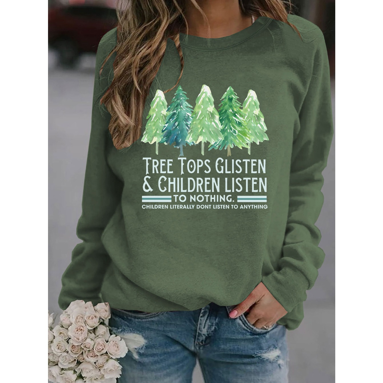 

Cozy Green Christmas Sweatshirt With Tree & Print - Casual Crew Neck, Long Sleeve, Polyester , Machine Washable - All