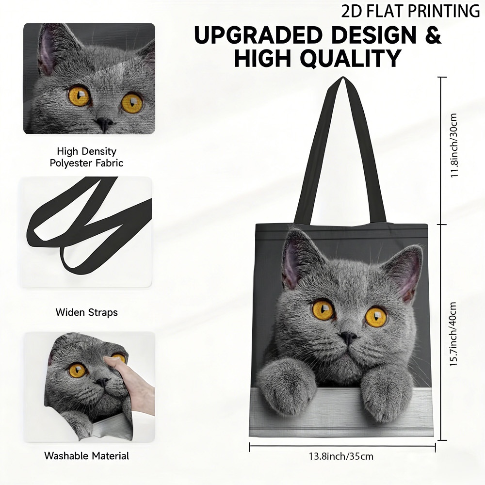TEMU (2d Flat) 1pc Gray Cat With Amber Eyes Tote Bag, Cute Design Travel Bag, Perfect For Daily Shopping Travel And , Suitable For Trips