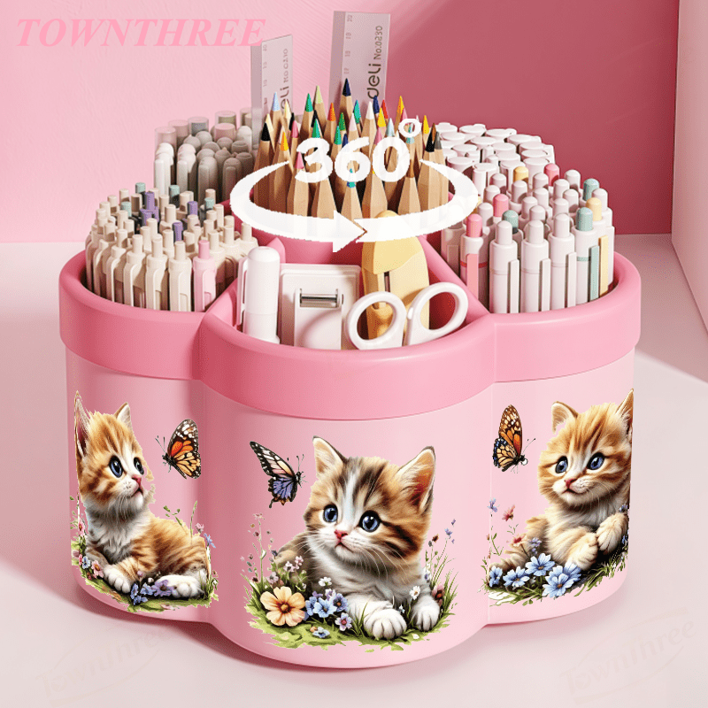 TEMU Rotating Pen Holder And Cosmetic Storage Box | Cute Kitten And Stickers - 360° Rotating Convenient Desktop Storage Box | Large Capacity Portable