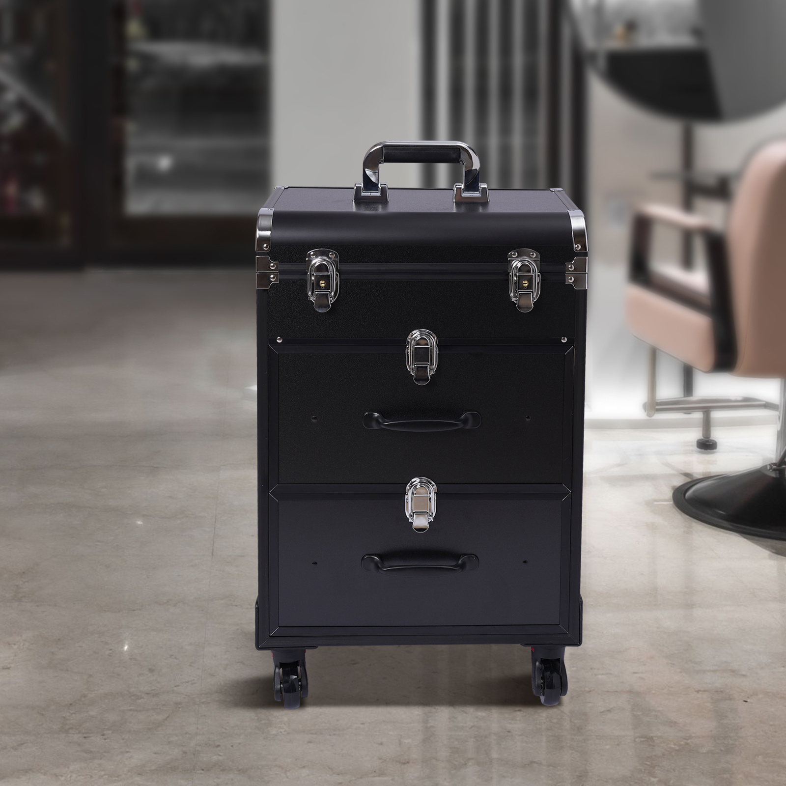 3-tier Professional Makeup Train Case Rolling Cosmetic Trolley Box