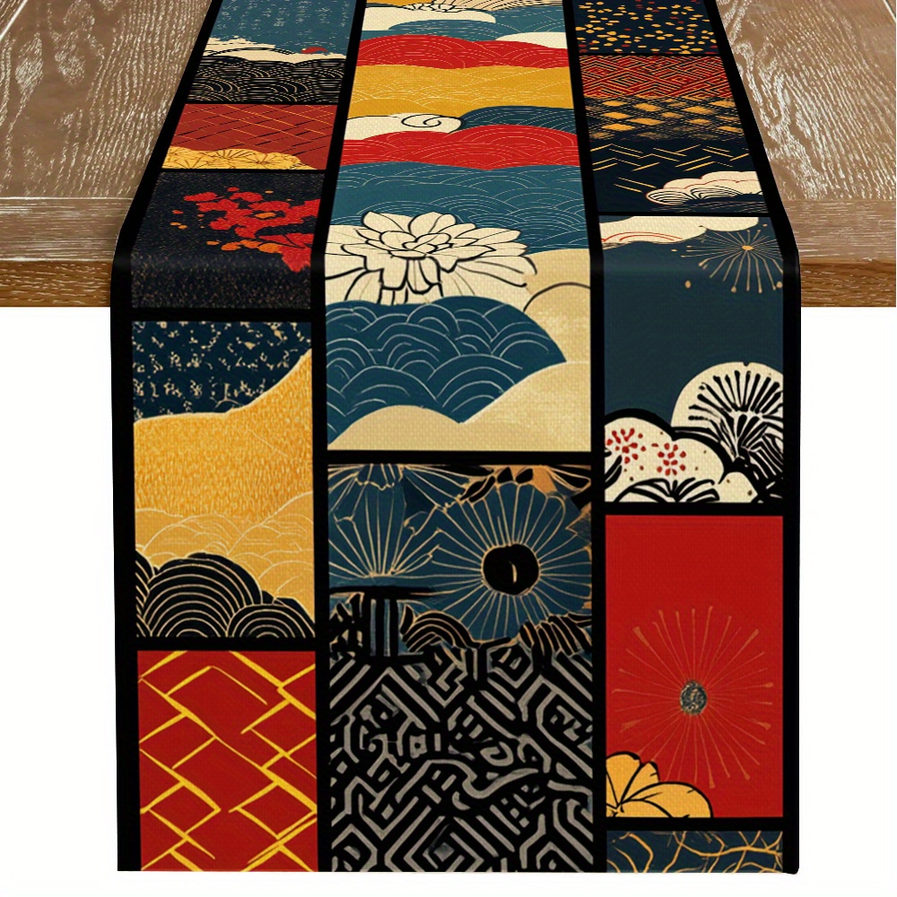 TEMU 1pc Japanese- Runner - Traditional Floral & Geometric Patterns, Vibrant Colors, Durable Polyester Fabric For Indoor/outdoor Use - Spring Summer