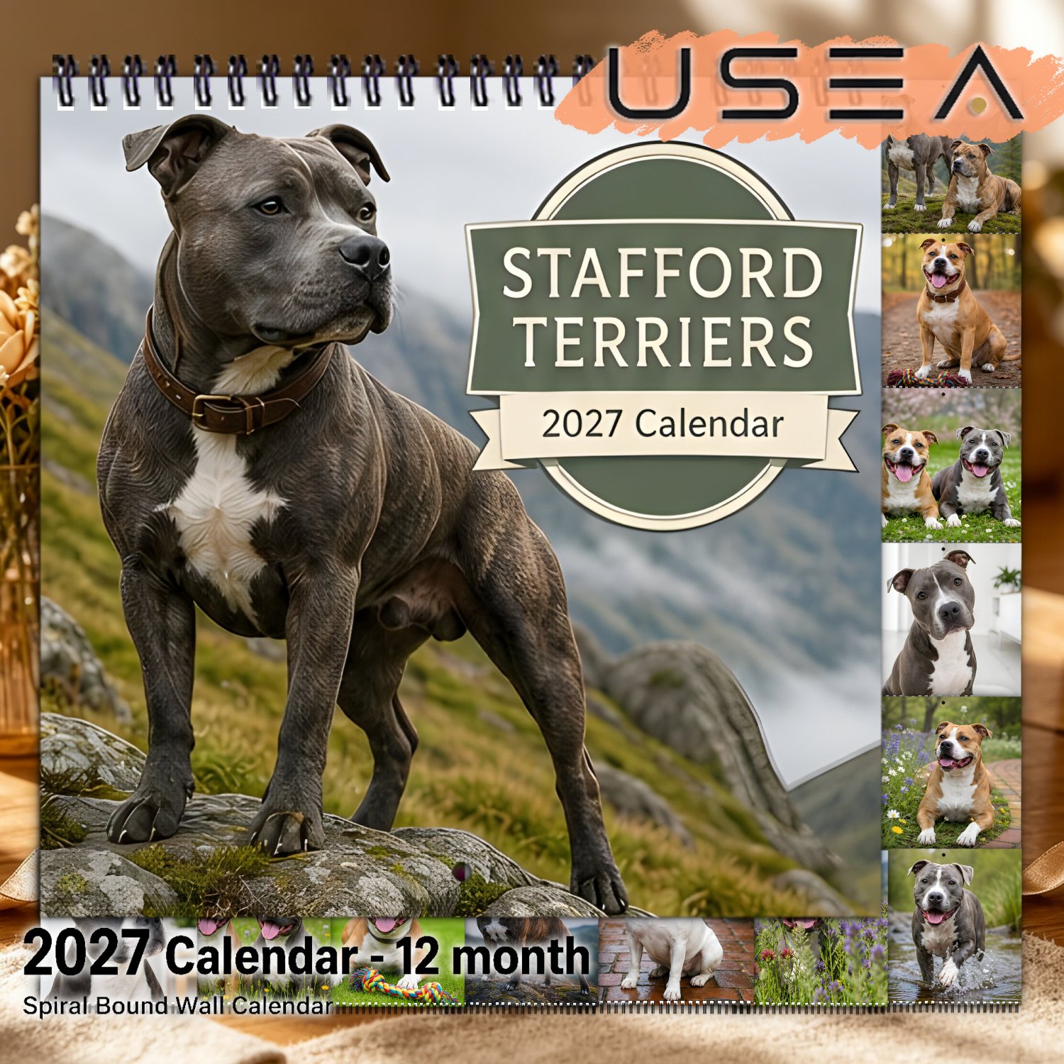 TEMU Staffordshire Terrier Wall Calendar 2027 - Large Monthly Planner With Twin Wire Spiral Binding, Blocks Suitable For Dog Lovers, Women, Coworkers