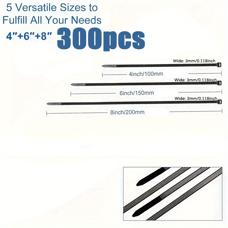300pcs 10.16/15.24/20.32 cm Black Nylon Zip Ties, Adjustable Self-locking Zip Ties, Waterproof and Anti Slip, Fixing and Bundling Zip Ties, Suitable for Outdoor Cables, Gardening and Household Multi-purpose Bundling