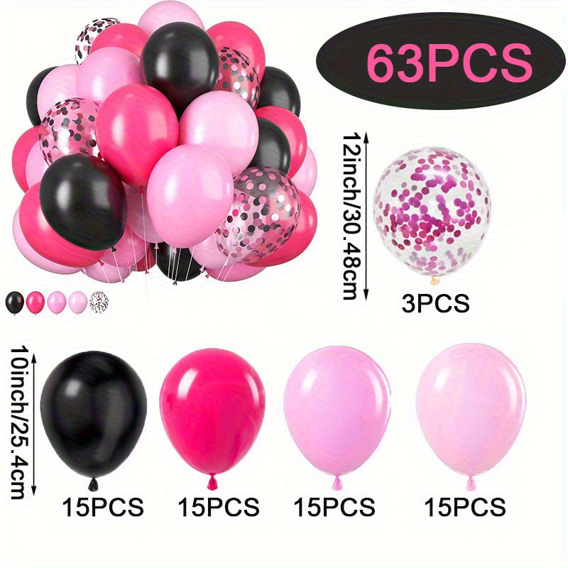 Image of 63pcs Pink And Black Balloons, Hot Balloons Set With Rose Red Confetti Balloons, Black Balloons For Birthday Party Wedding Decorations, For Halloween, Christmas