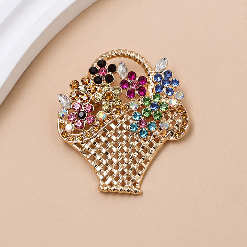 TEMU Broche créative de panier floral incrusté de strass, accessoire de mode pour costume de femme, fleur de revers, épingle de décoration pour