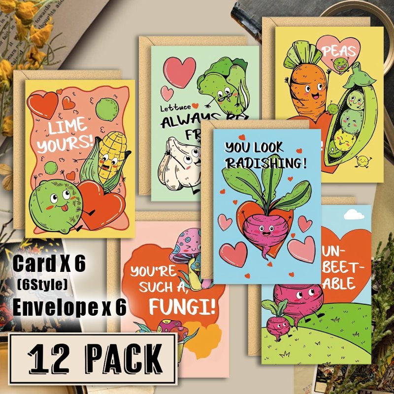 

12pcs Vegetable Valentine's Day Greeting Cards, Assorted Fun Vegetable Designs, Romantic Messages For Couples, Paper Craft Cards With Envelopes, For Husband, Wife, Boyfriend, Girlfriend