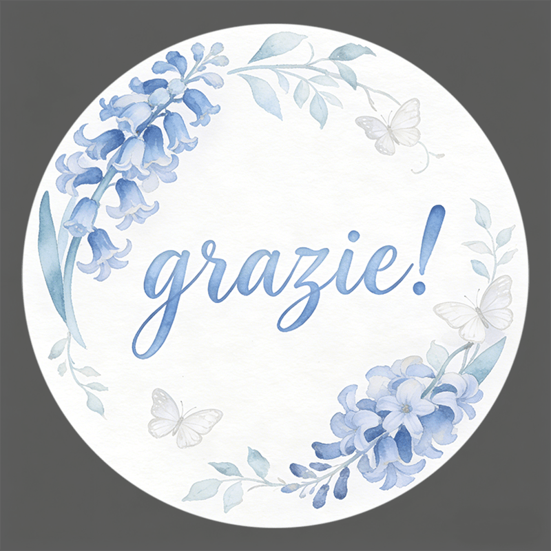 TEMU 96pcs/288pcs Round Stickers (with "grazie!" Text) -watercolor Blue Floral Wreath & Butterflies For Packaging, Homemade Gift Box Labeling,