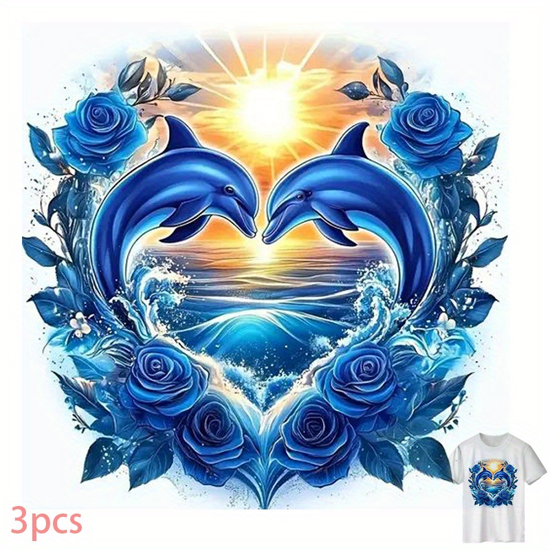 E-shop 3er-Packung und Delfin Herzförmiges Muster T-Shirt Thermotransfer Aufkleber. Einfach aufbügeln, geeignet für Kleiderdekoration, speziell für