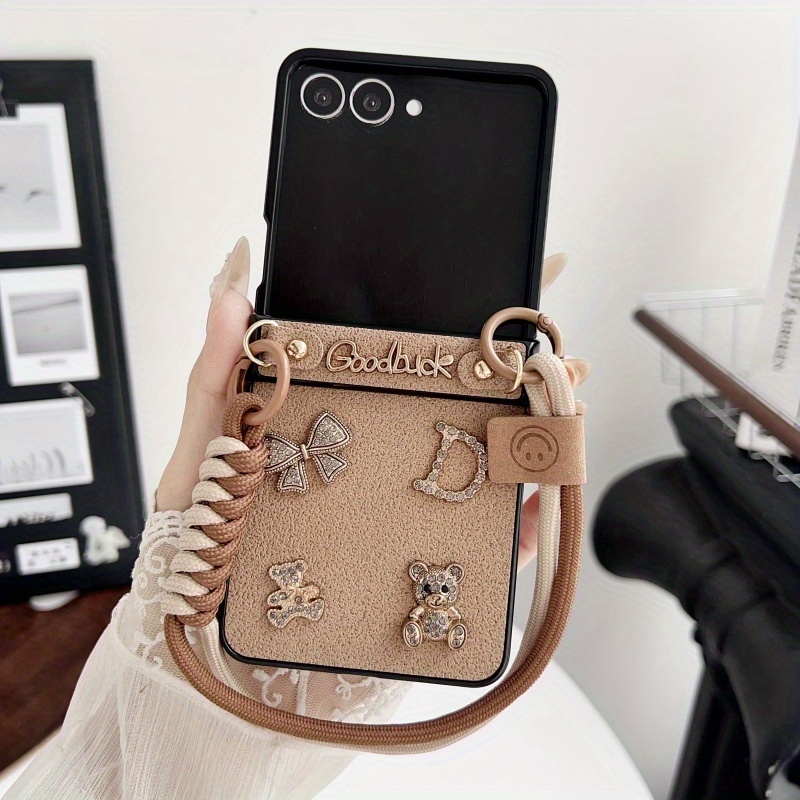 TEMU Phone Case: Aesthetic Moon Pattern Bear Bow With Lanyard Phone Case For Z Flip4 Z Full Coverage Anti-drop Case
