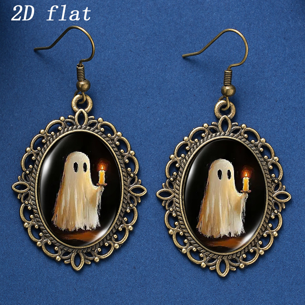 TEMU 2d Flat, 1 Pair Cute Holding Candle Oil Painting Pattern Earrings, Oval Lace Framed With Time Gemstone Glass Inlay, 2d Flat, Ear Jewelry, Ideal