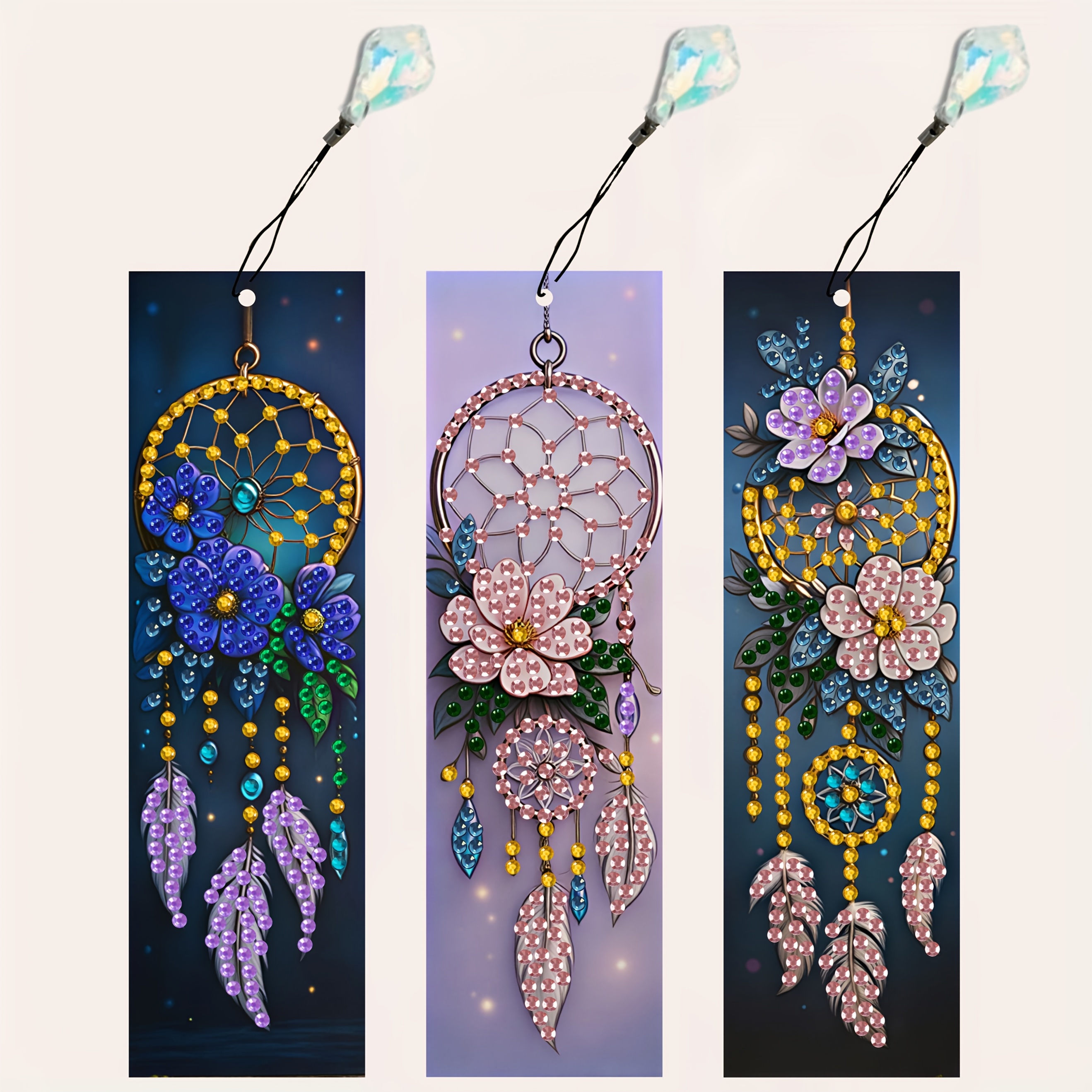 TEMU 3pcs 3pcs Sparkling Diamond Dreamcatcher Bookmarks With Wind Chime & Acrylic Tassel - Diy Suitable For Diy Craft Supplies, Diamond Painting Book