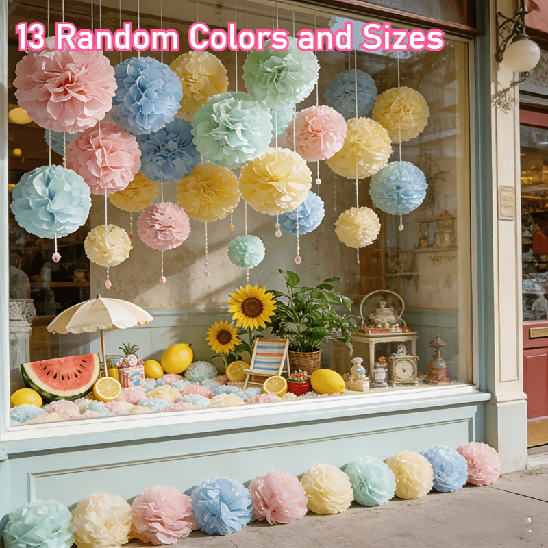 TEMU 13 pompons en papier pastel - Boules de fleurs suspendues, couleurs/tailles aléatoires, pour les décorations d'anniversaire, de mariage et de