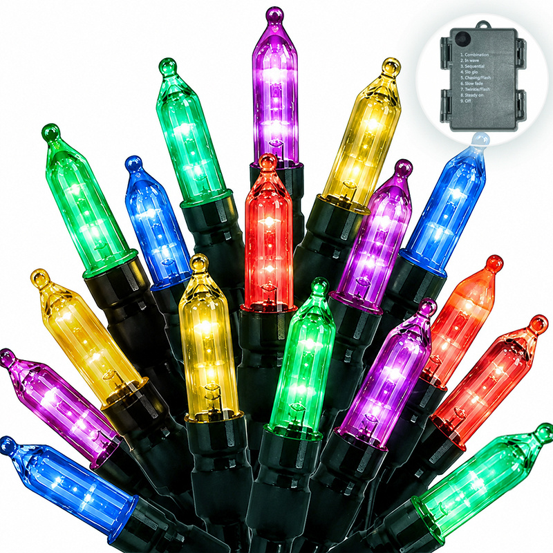 TEMU Guirlande Lumineuse Décorative à Piles pour les Fêtes, 5,05 m 50 LED - 10,05 LED, Options Séparées Blanc Chaud/Multicolore, 8 d'Éclairage, IP54,