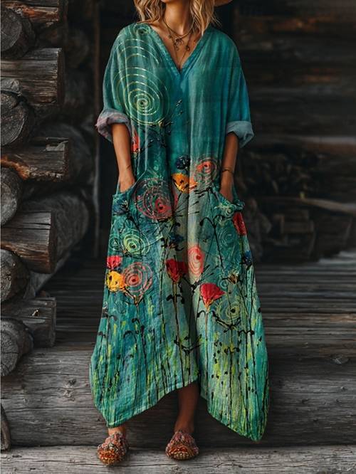 womens boho v neck long sleeve maxi dress oversized loose fit teal dress with colorful floral swirl print side pockets roll up sleeves ideal for daily wear beach vacations or relaxed lightweight stylish