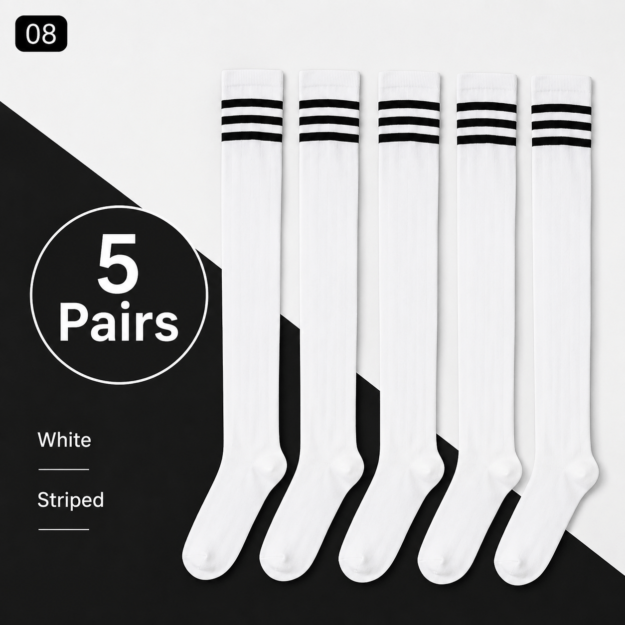 품목 사진 5켤레 3줄 무늬 골지 니하이 화이트 양말, 간편한   양말, 캠퍼스룩, 야외 여행, 스커트, 롱 부츠, 캐주얼 신발 매칭