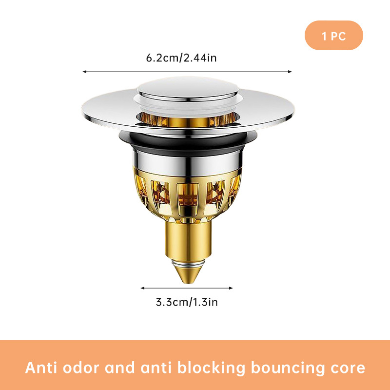 TEMU 1pc Brass Core Bathroom Push-pop-up Sink Stopper With 304 Stainless Steel Outer Cover, Hair Catcher, And Anti-clog Filter Basket, Suitable For