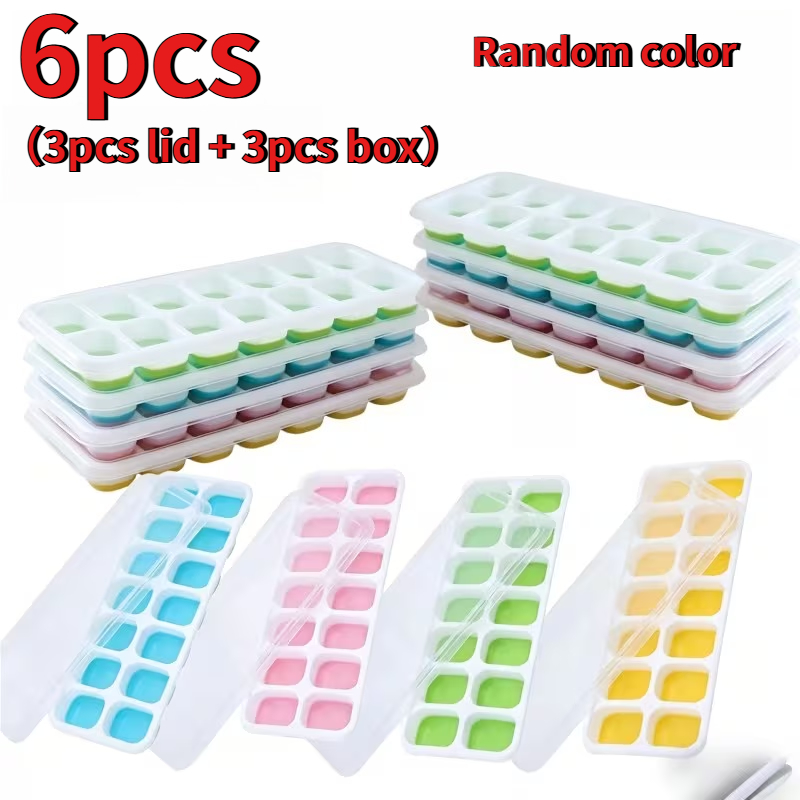 TEMU 6pcs (3pcs Boxes And 3pcs Lids) Cube Of Ice Tray Set, Random Colors, 14-compartment Tray, Multi-functional Chocolate Mold With Removable Lid,