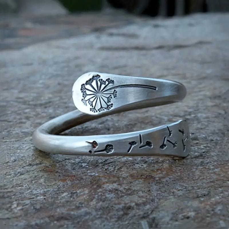 TEMU Bohemian Style Dandelion Rings Retro Open Adjustable Rings For Women Men Daily Party Jewelry Additions