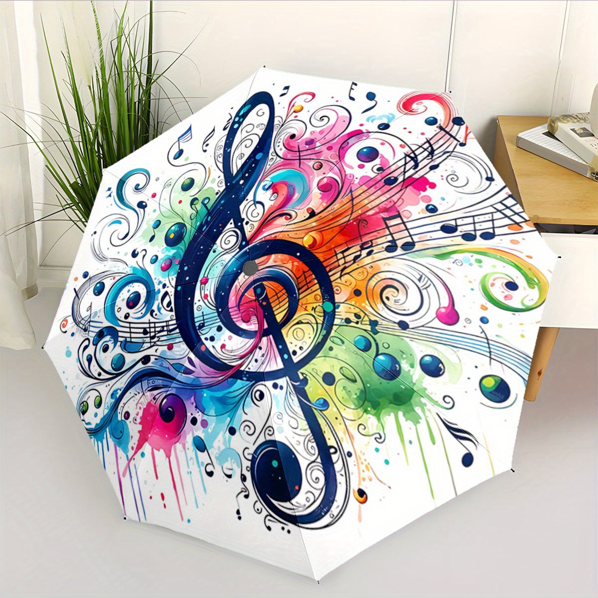 Automatic Folding Umbrella Colorful Musical Notes And Swirls Around A Treble Clef. Portable Collapsible Design, Casual Outdoor Accessory, For , Christmas Birthday Festival Gift