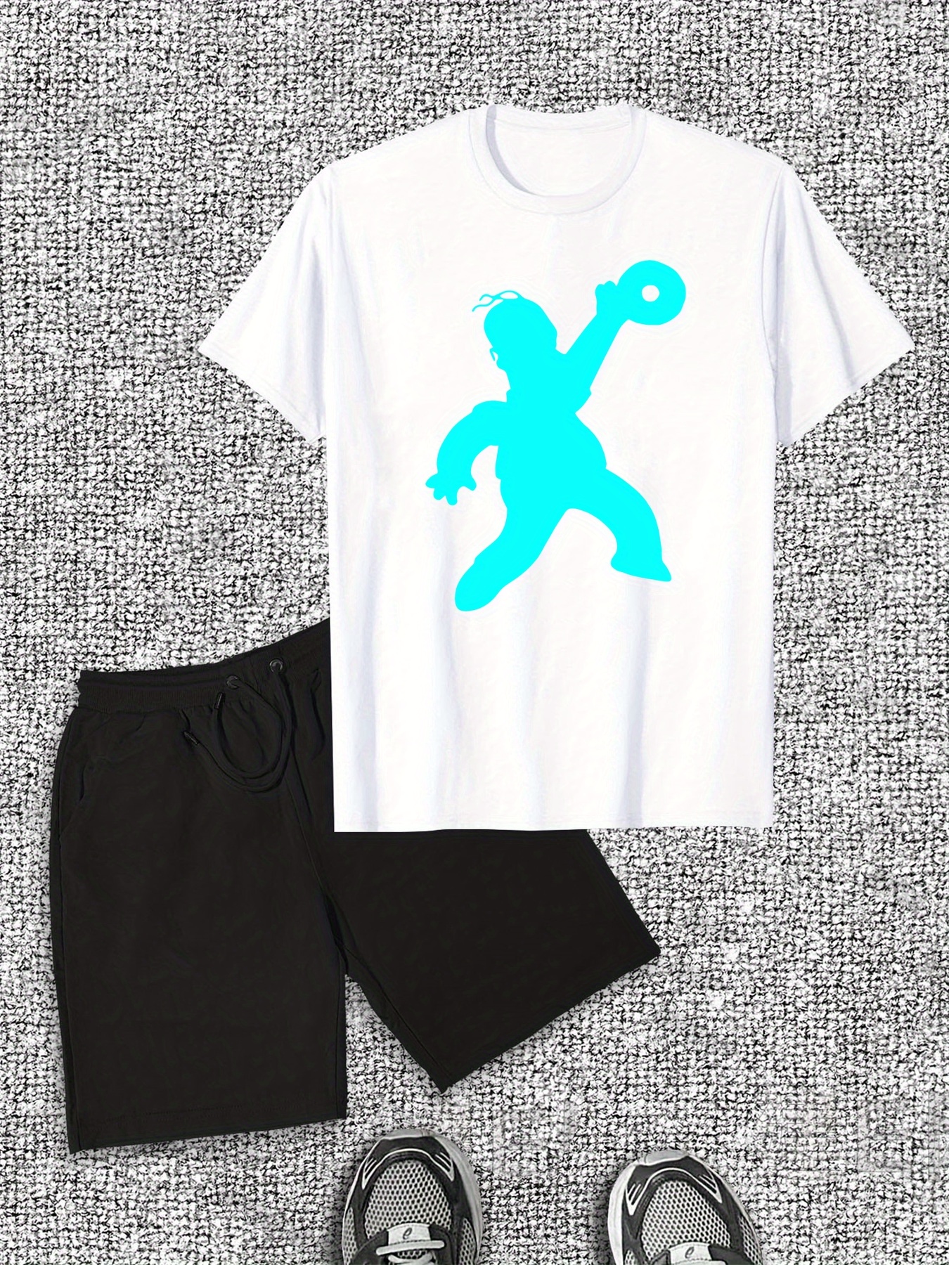 Men'S Casual Summer T-Shirt & Shorts Set, Cotton Crew Neck, Solid Color with Dynamic Cartoon Print, Slight Stretch Fabric, Regular Fit - Ideal for Casual Attir