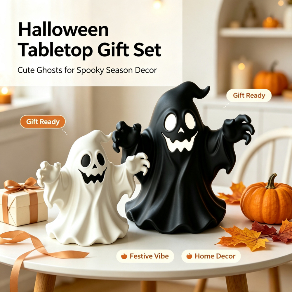 TEMU 2pcs White + Black Halloween Cute Resin Ornament, Spooky Style Statue, Desktop Decoration, Indoor Home Shelf Decor, Halloween Party Decoration,
