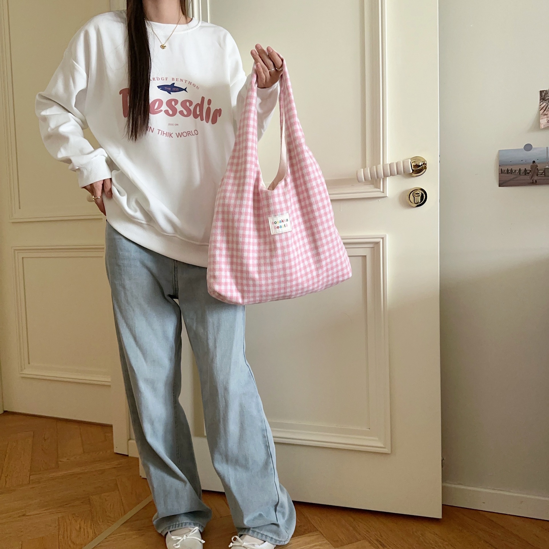Pink Gingham Hobo Tote Bag Large Capacity Casual Shoulder Purse_voghion.com