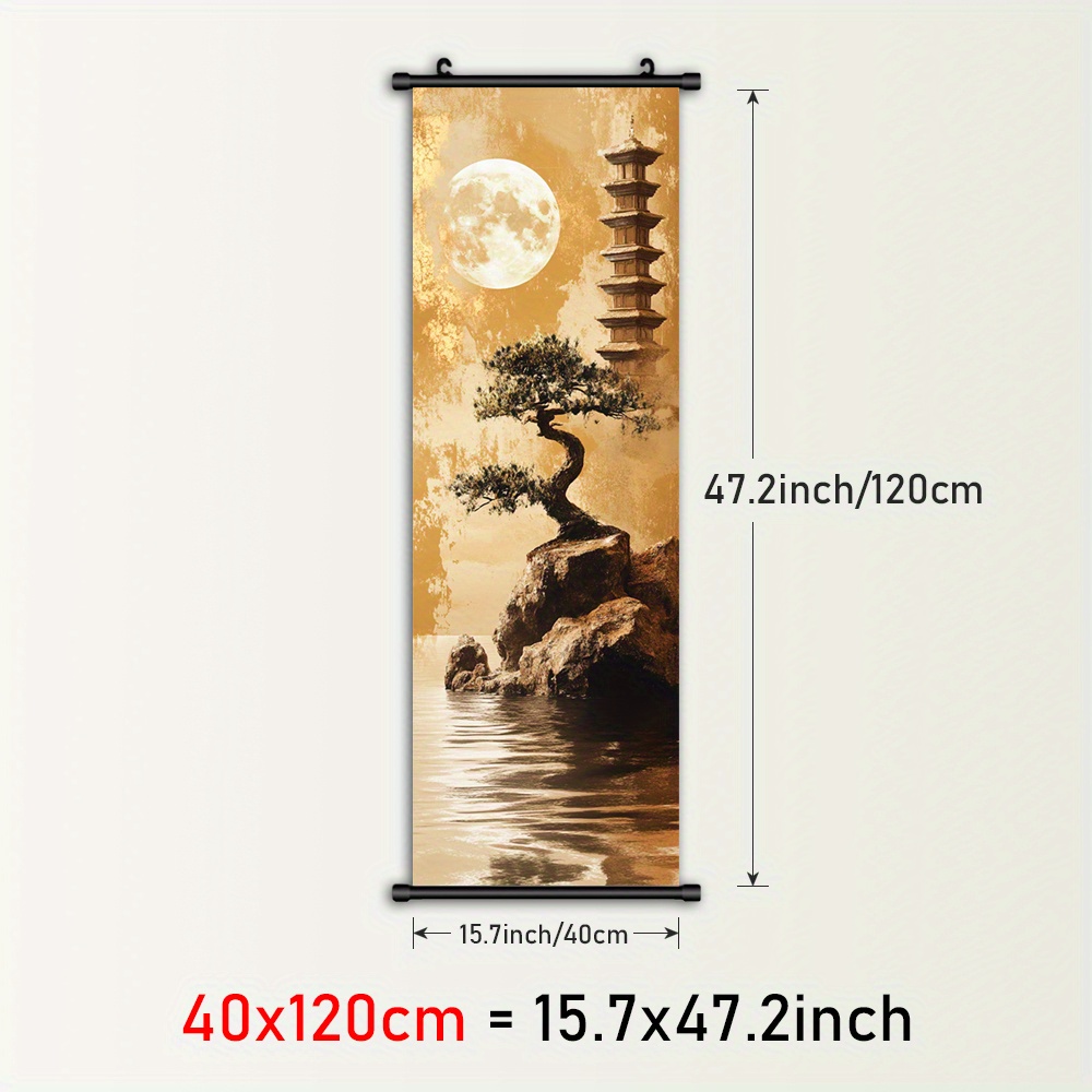 TEMU 1pc Arbre Bonsai Encadré Toile Mural Art - Affiche Inspirée du Japon avec Complète et Rouleaux de Roche, Décoration Murale d'Eau pour Salon,