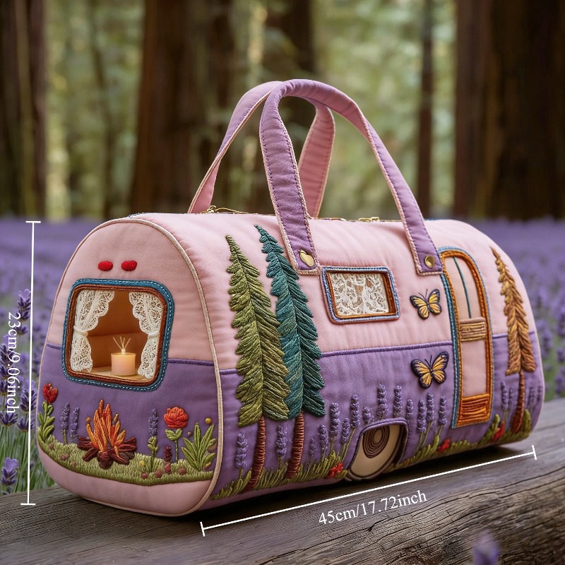 TEMU Quilted Pastel Print Large Capacity Duffle Bag, Boho Embroidered Travel Weekender Bag For Women, Easy Carry Machine Washable Tote Bag, Whimsical