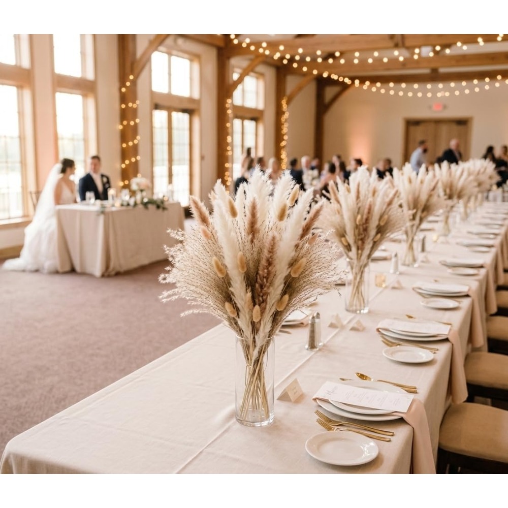 Image of 136pcs Dried Pampas Grass, Boho Table Decor Natural Reed Phragmites Grass + Brown & White Pampas Grass + Bunny Tails Flowers Bouquet For Wedding Floral Arrangements Farmhouse Home Rustic Wall